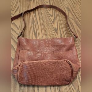 Genuine Italian Leather Brown Embossed Animal Print Shoulder Bag Gold Zipper